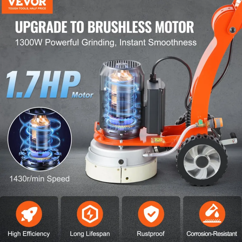 VEVOR Electric Concrete Floor Grinder 10" Walk-Behind Grinder 1.7HP Concrete Floor Polisher, 1300W Grinding Machine, 1720RPM Upgrade Brushless Motor Surfacing Grinder for Granite/Marble/Stones