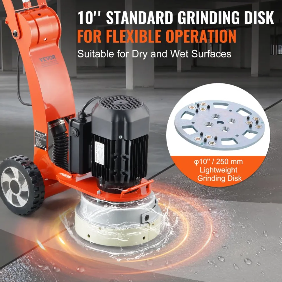 VEVOR Electric Concrete Floor Grinder 10" Walk-Behind Grinder 1.7HP Concrete Floor Polisher, 1300W Grinding Machine, 1720RPM Upgrade Brushless Motor Surfacing Grinder for Granite/Marble/Stones