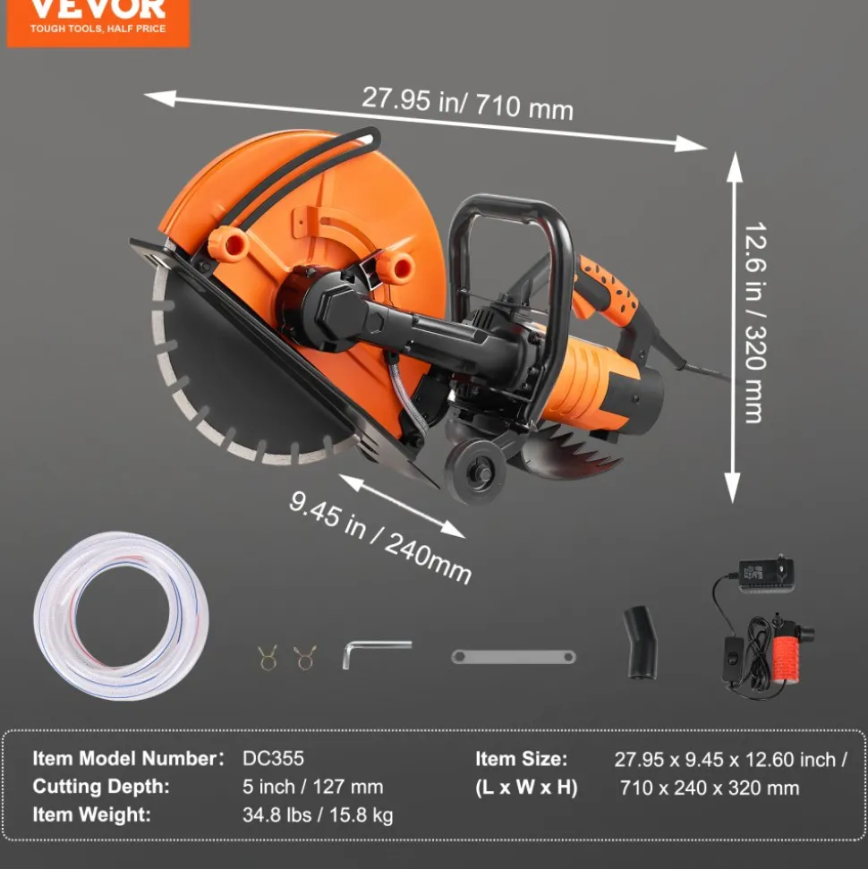 VEVOR Electric Concrete Saw, 14 in, 3200 W Motor Circular Saw Cutter with Max. 5 in Adjustable Cutting Depth, Wet Disk Saw Cutter Includes Water Line, Pump and Blade, for Stone, Brick