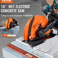 VEVOR Electric Concrete Saw, 14 in, 3200 W Motor Circular Saw Cutter with Max. 5 in Adjustable Cutting Depth, Wet Disk Saw Cutter Includes Water Line, Pump and Blade, for Stone, Brick