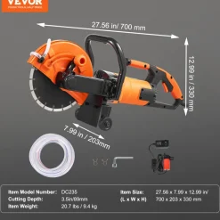 VEVOR Electric Concrete Saw, 9 in, 1800 W Motor Circular Saw Cutter with 3.5 in Cutting Depth, Wet/Dry Disk Saw Cutter Includes Water Line, Pump and Blade, for Stone, Brick