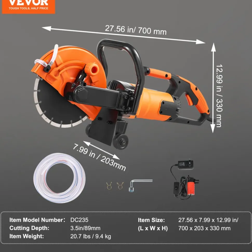 VEVOR Electric Concrete Saw, 9 in, 1800 W Motor Circular Saw Cutter with 3.5 in Cutting Depth, Wet/Dry Disk Saw Cutter Includes Water Line, Pump and Blade, for Stone, Brick