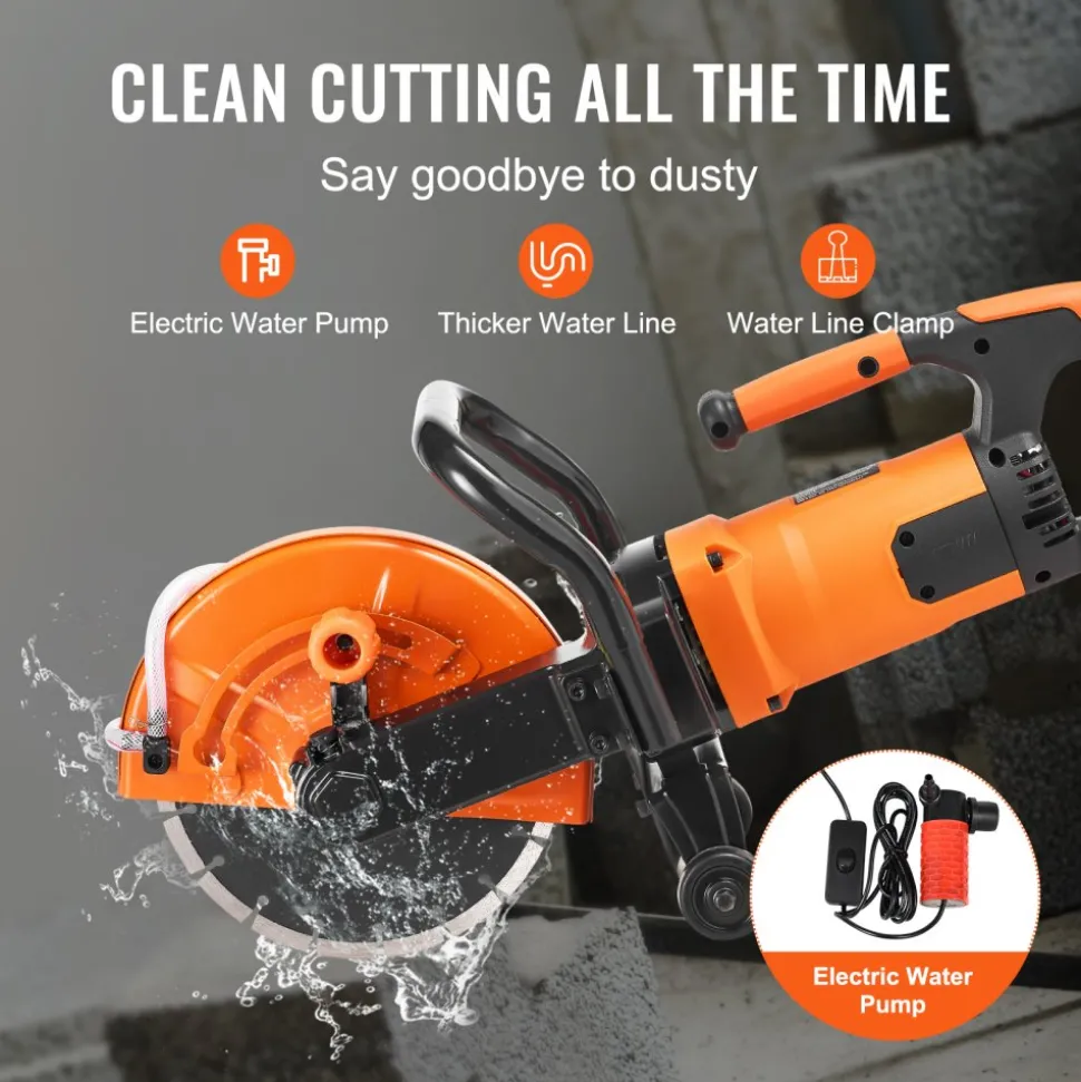VEVOR Electric Concrete Saw, 9 in, 1800 W Motor Circular Saw Cutter with 3.5 in Cutting Depth, Wet/Dry Disk Saw Cutter Includes Water Line, Pump and Blade, for Stone, Brick