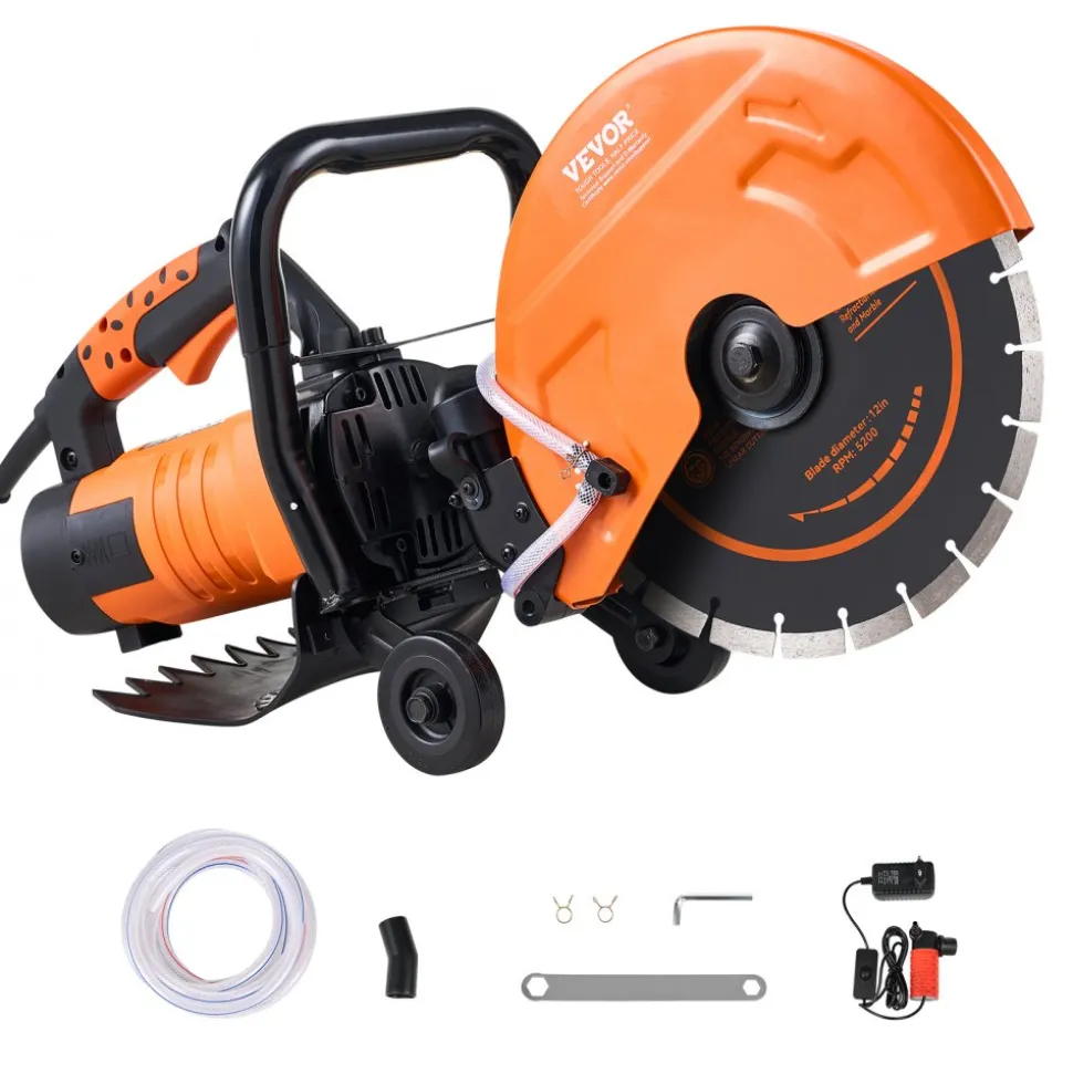 VEVOR Electric Concrete Saw, 12 in, 1800 W Motor Circular Saw Cutter with Max. 4.5 in Adjustable Cutting Depth, Wet Disk Saw Cutter Includes Water Line, Pump and Blade, for Stone, Brick