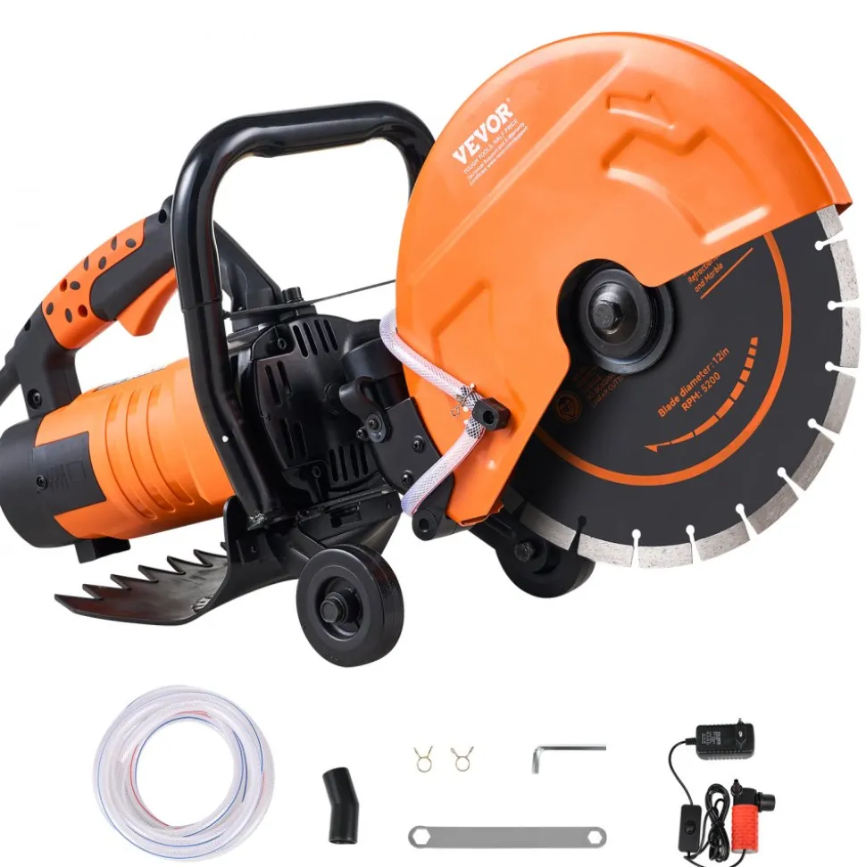 VEVOR Electric Concrete Saw, 12 in, 1800 W Motor Circular Saw Cutter with Max. 4.5 in Adjustable Cutting Depth, Wet Disk Saw Cutter Includes Water Line, Pump and Blade, for Stone, Brick