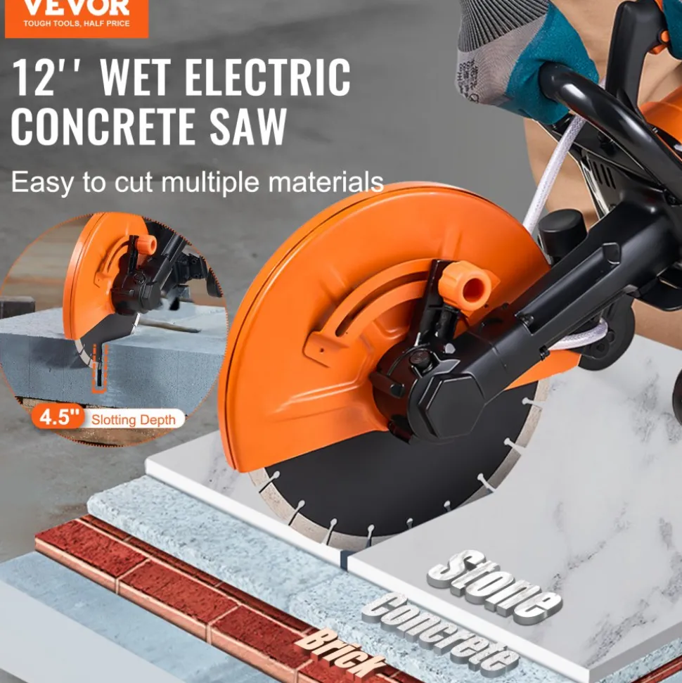 VEVOR Electric Concrete Saw, 12 in, 1800 W Motor Circular Saw Cutter with Max. 4.5 in Adjustable Cutting Depth, Wet Disk Saw Cutter Includes Water Line, Pump and Blade, for Stone, Brick