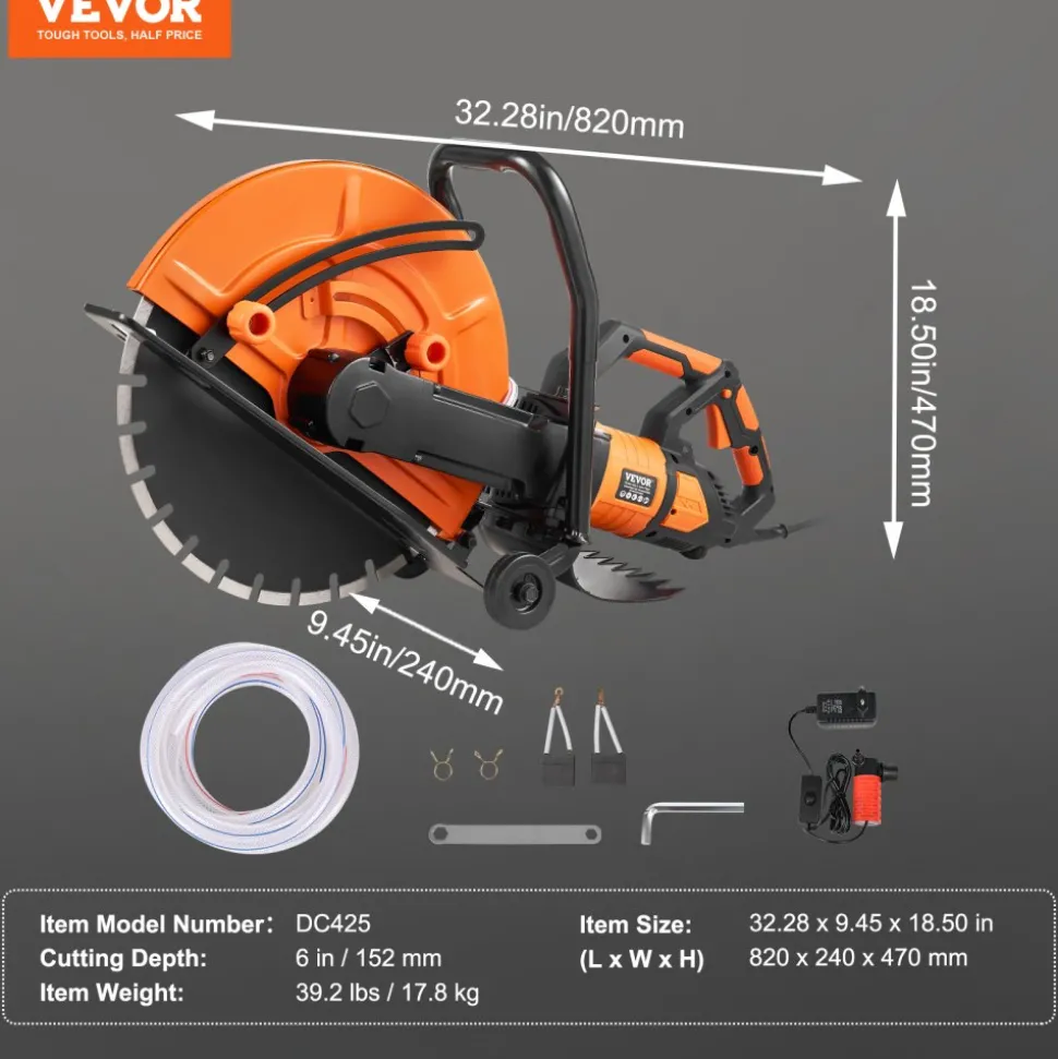 VEVOR Electric Concrete Saw, 16 in, 3200 W Motor Circular Saw Cutter with Max. 6 in Adjustable Cutting Depth, Wet Disk Saw Cutter Includes Water Line, Pump and Blade, for Stone, Brick