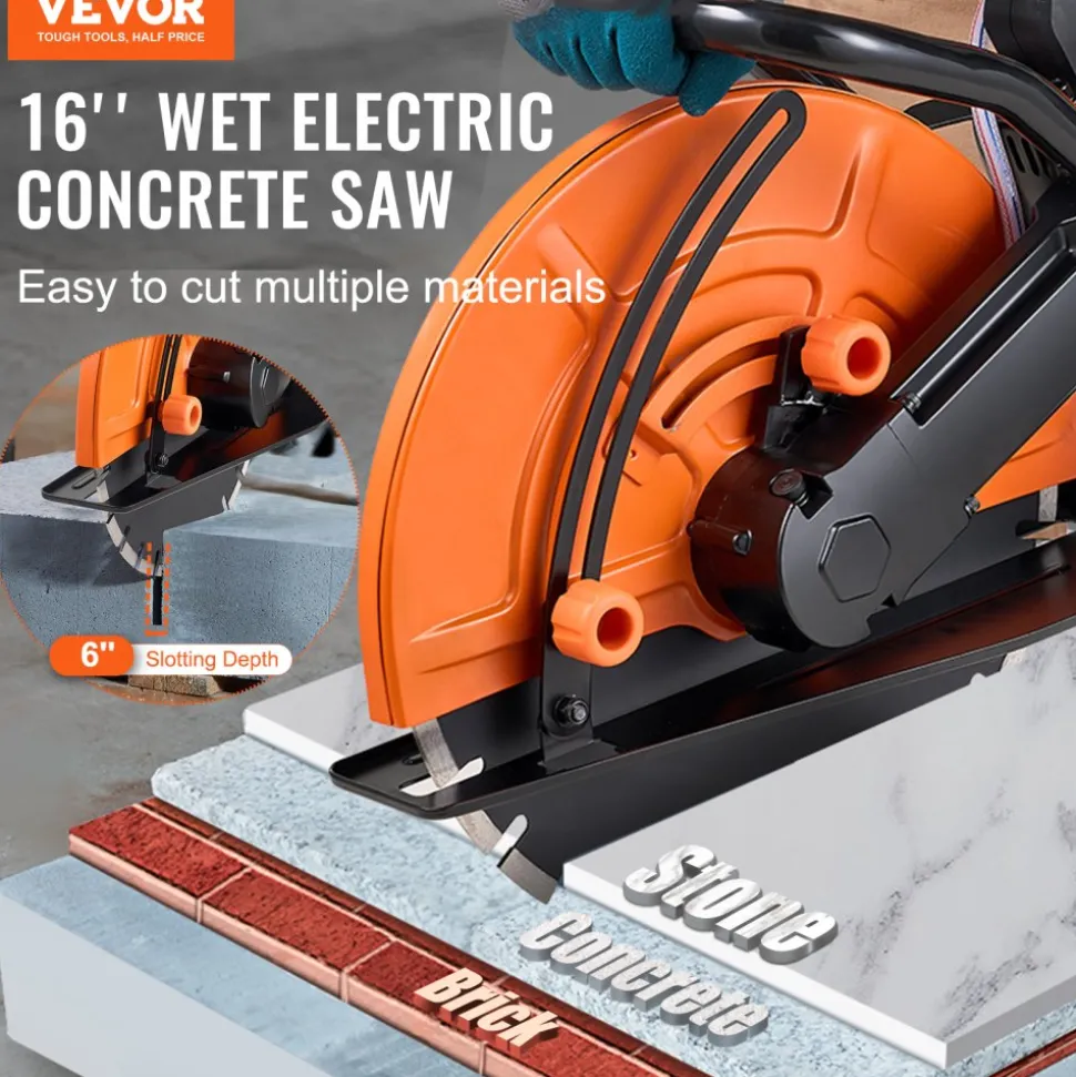 VEVOR Electric Concrete Saw, 16 in, 3200 W Motor Circular Saw Cutter with Max. 6 in Adjustable Cutting Depth, Wet Disk Saw Cutter Includes Water Line, Pump and Blade, for Stone, Brick
