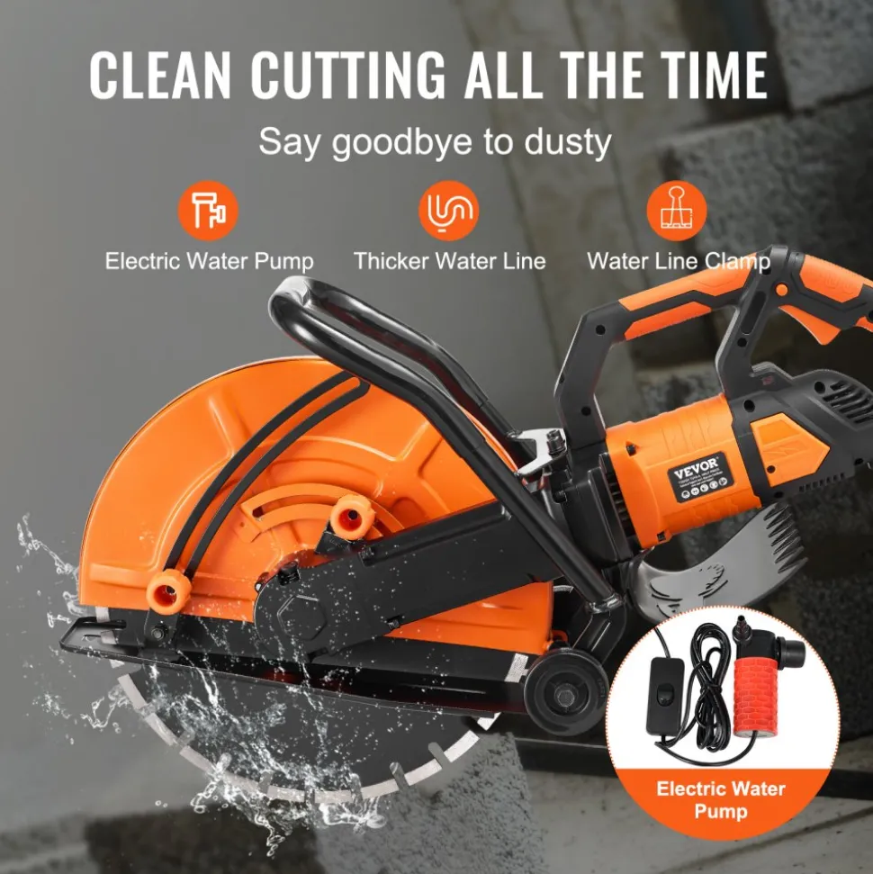 VEVOR Electric Concrete Saw, 16 in, 3200 W Motor Circular Saw Cutter with Max. 6 in Adjustable Cutting Depth, Wet Disk Saw Cutter Includes Water Line, Pump and Blade, for Stone, Brick