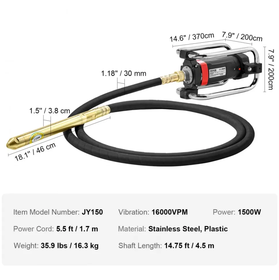 VEVOR Electric Concrete Vibrator, 1300W 16000 VPM, 2HP Copper Motor Handheld Concrete Vibrating Tool, Portable Pencil Cement Vibrator with Shaft of 14.75ft / 4.5m, Remove Air Bubble and Level Concrete