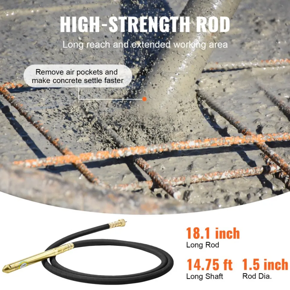 VEVOR Electric Concrete Vibrator, 1300W 16000 VPM, 2HP Copper Motor Handheld Concrete Vibrating Tool, Portable Pencil Cement Vibrator with Shaft of 14.75ft / 4.5m, Remove Air Bubble and Level Concrete