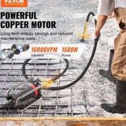 VEVOR Electric Concrete Vibrator, 1300W 16000 VPM, 2HP Copper Motor Handheld Concrete Vibrating Tool, Portable Pencil Cement Vibrator with Shaft of 14.75ft / 4.5m, Remove Air Bubble and Level Concrete