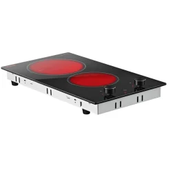 VEVOR Electric Cooktop 12in 2 Burners Portable Stove Top 1800W 120V Plug In, Ceramic Countertop/Built-in Radiant Electric Stove , with 11 Power Levels, Over-Heat Guard, Knob Control