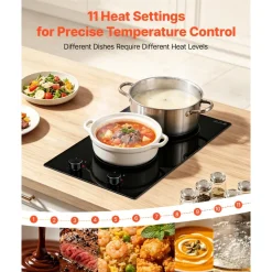 VEVOR Electric Cooktop 12in 2 Burners Portable Stove Top 1800W 120V Plug In, Ceramic Countertop/Built-in Radiant Electric Stove , with 11 Power Levels, Over-Heat Guard, Knob Control