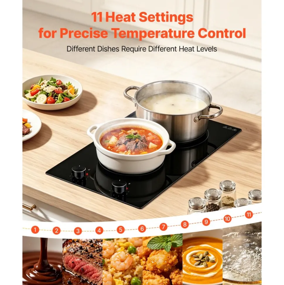VEVOR Electric Cooktop 12in 2 Burners Portable Stove Top 1800W 120V Plug In, Ceramic Countertop/Built-in Radiant Electric Stove , with 11 Power Levels, Over-Heat Guard, Knob Control