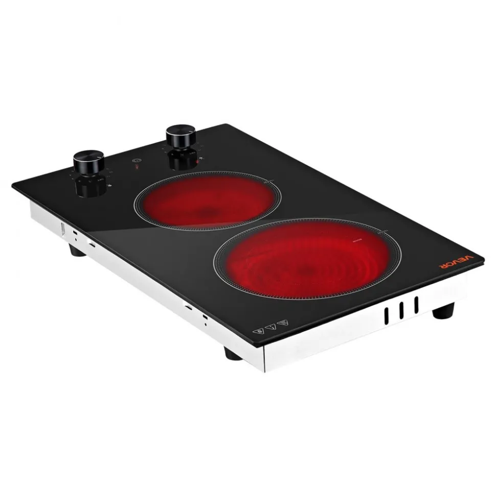 VEVOR Electric Cooktop 12in 2 Burners Portable Stove Top 1800W 120V Plug In, Ceramic Countertop/Built-in Radiant Electric Stove , with 11 Power Levels, Over-Heat Guard, Knob Control
