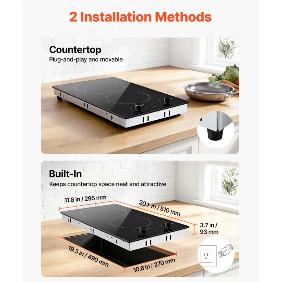 VEVOR Electric Cooktop 12in 2 Burners Portable Stove Top 1800W 120V Plug In, Ceramic Countertop/Built-in Radiant Electric Stove , with 11 Power Levels, Over-Heat Guard, Knob Control