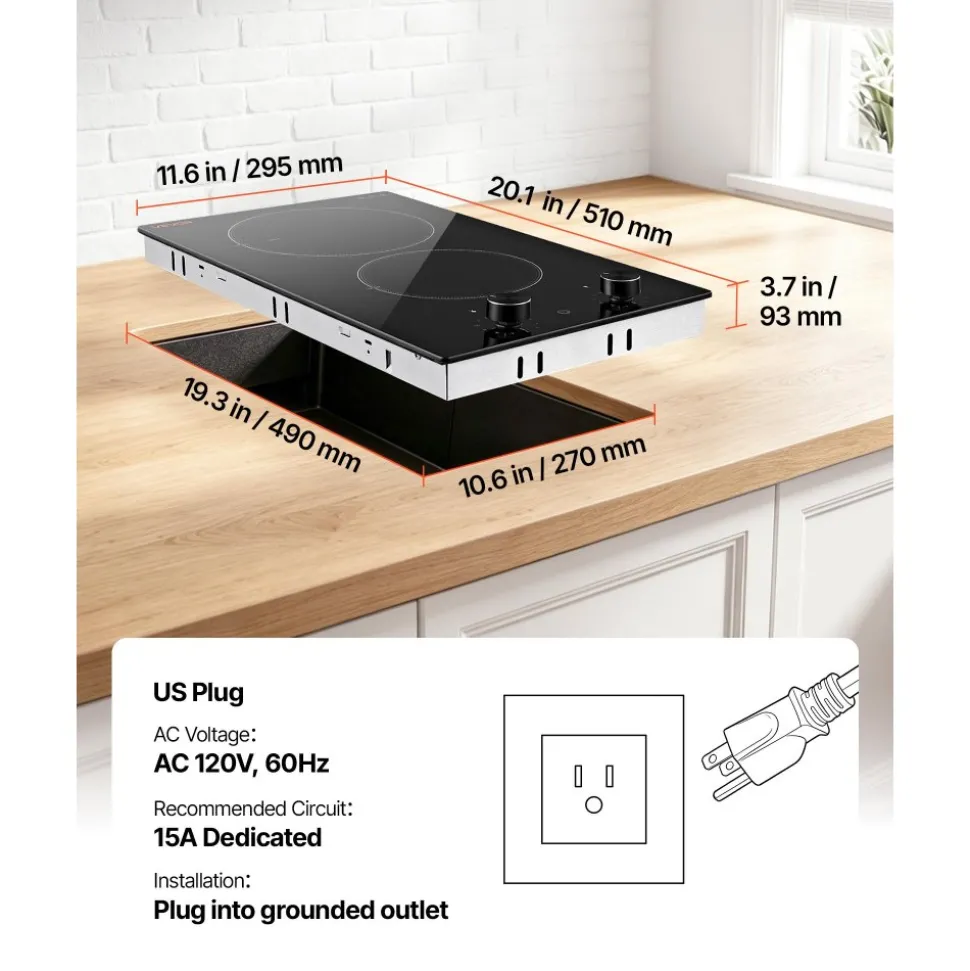 VEVOR Electric Cooktop 12in 2 Burners Portable Stove Top 1800W 120V Plug In, Ceramic Countertop/Built-in Radiant Electric Stove , with 11 Power Levels, Over-Heat Guard, Knob Control