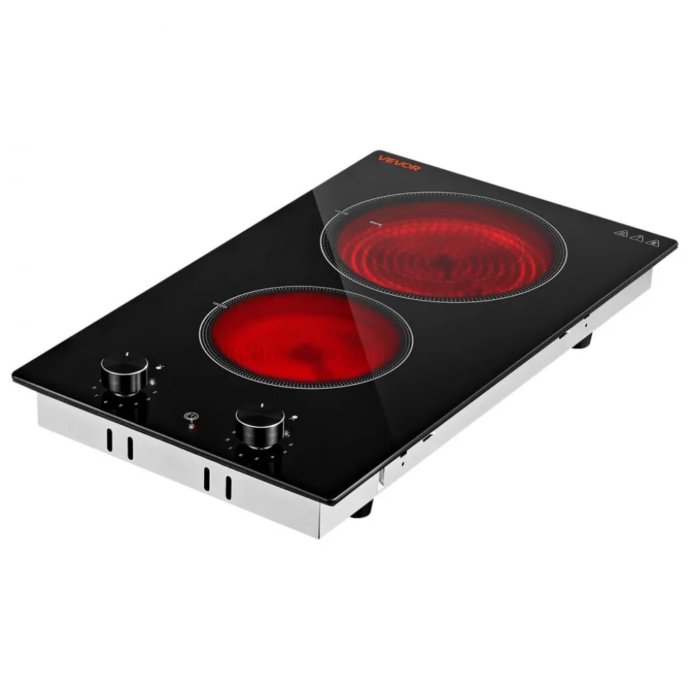 VEVOR Electric Cooktop 12in 2 Burners Portable Stove Top 1800W 120V Plug In, Ceramic Countertop/Built-in Radiant Electric Stove , with 11 Power Levels, Over-Heat Guard, Knob Control