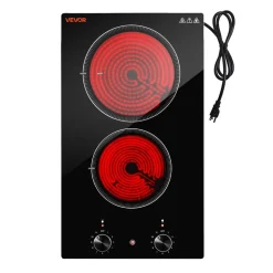 VEVOR Electric Cooktop 12in 2 Burners Portable Stove Top 1800W 120V Plug In, Ceramic Countertop/Built-in Radiant Electric Stove , with 11 Power Levels, Over-Heat Guard, Knob Control