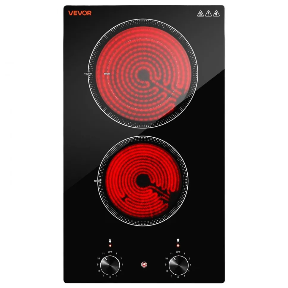 VEVOR Electric Cooktop 12in 2 Burners Portable Stove Top 1800W 120V Plug In, Ceramic Countertop/Built-in Radiant Electric Stove , with 11 Power Levels, Over-Heat Guard, Knob Control