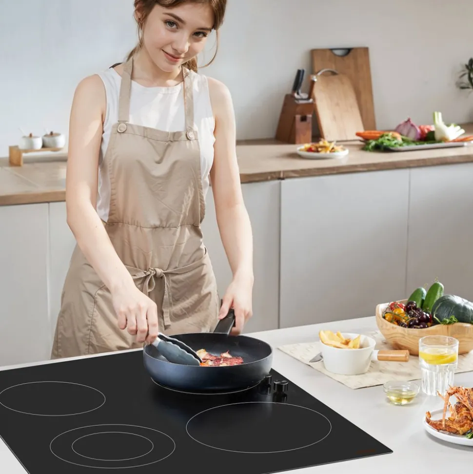VEVOR Electric Cooktop, 30 inch 4 Burners Built-in Electric Stove Top, 7200W Ceramic Top Radiant Cooktop, with Glass Panel, Knob Control, 11 Heat Levels, 220-240V, Hard Wire (No Plug)