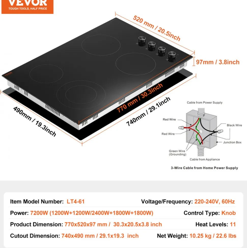 VEVOR Electric Cooktop, 30 inch 4 Burners Built-in Electric Stove Top, 7200W Ceramic Top Radiant Cooktop, with Glass Panel, Knob Control, 11 Heat Levels, 220-240V, Hard Wire (No Plug)