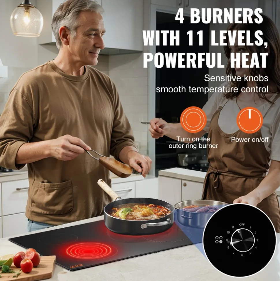 VEVOR Electric Cooktop, 30 inch 4 Burners Built-in Electric Stove Top, 7200W Ceramic Top Radiant Cooktop, with Glass Panel, Knob Control, 11 Heat Levels, 220-240V, Hard Wire (No Plug)