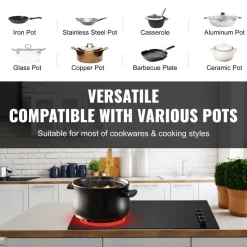 VEVOR Electric Cooktop, 30 inch 4 Burners Built-in Electric Stove Top, 7200W Ceramic Top Radiant Cooktop, with Glass Panel, Knob Control, 11 Heat Levels, 220-240V, Hard Wire (No Plug)