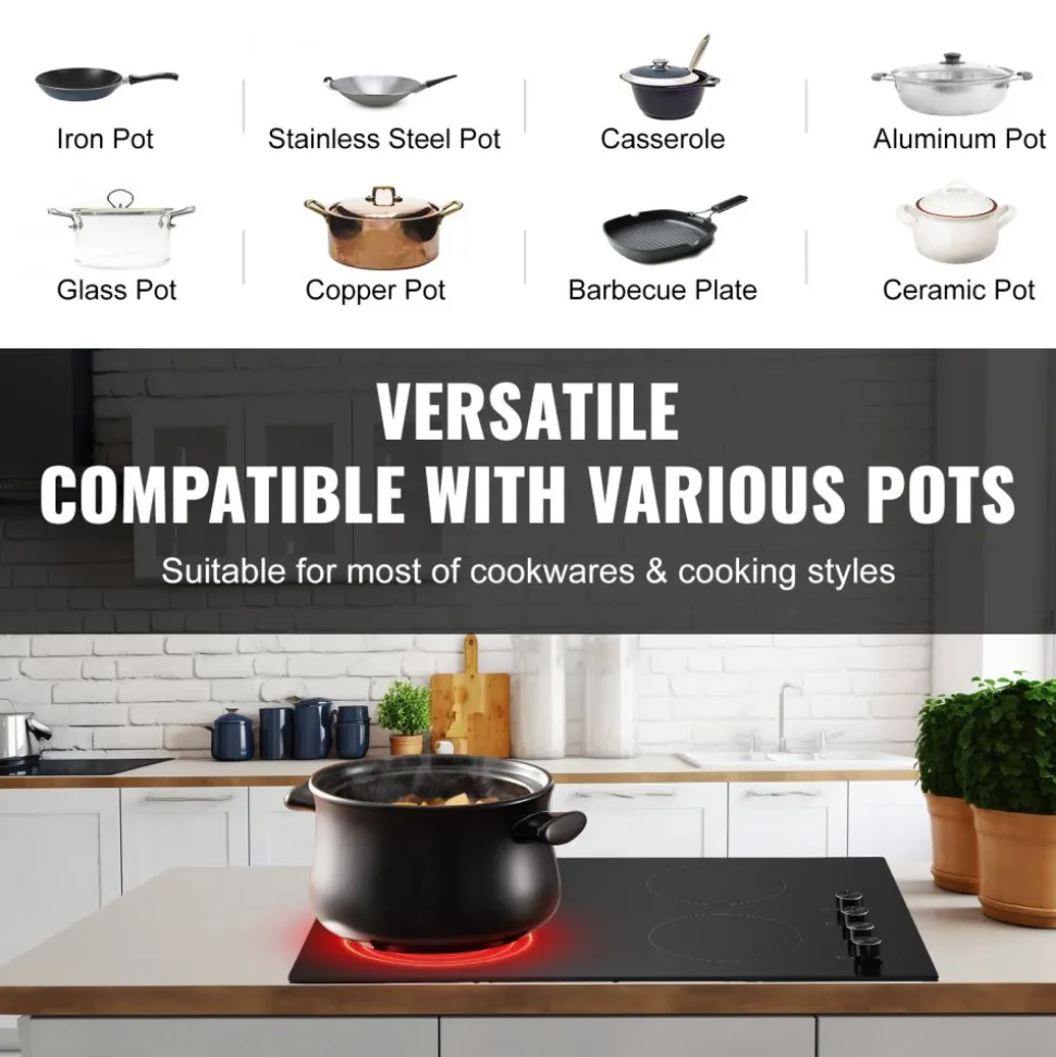 VEVOR Electric Cooktop, 30 inch 4 Burners Built-in Electric Stove Top, 7200W Ceramic Top Radiant Cooktop, with Glass Panel, Knob Control, 11 Heat Levels, 220-240V, Hard Wire (No Plug)