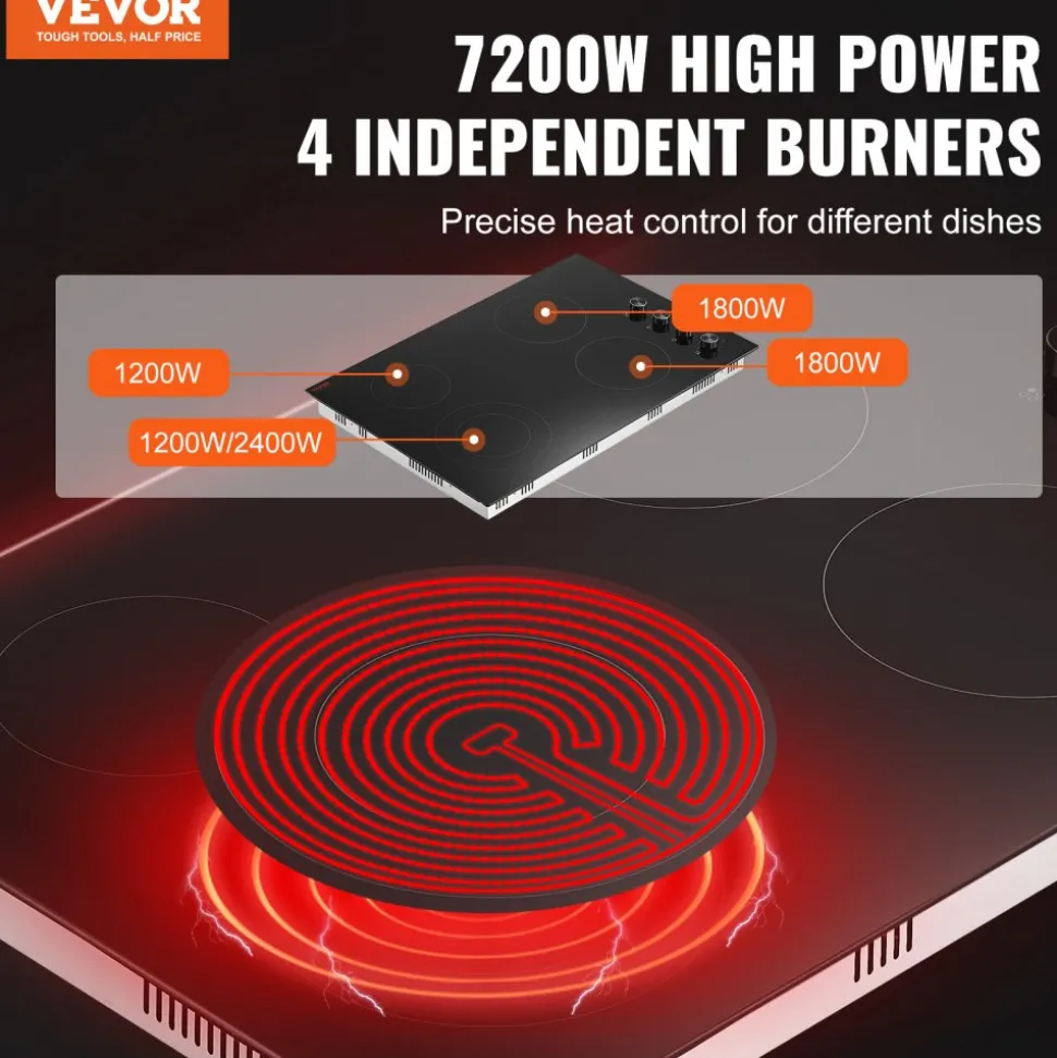 VEVOR Electric Cooktop, 30 inch 4 Burners Built-in Electric Stove Top, 7200W Ceramic Top Radiant Cooktop, with Glass Panel, Knob Control, 11 Heat Levels, 220-240V, Hard Wire (No Plug)