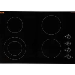 VEVOR Electric Cooktop, 30 inch 4 Burners Built-in Electric Stove Top, 7200W Ceramic Top Radiant Cooktop, with Glass Panel, Knob Control, 11 Heat Levels, 220-240V, Hard Wire (No Plug)