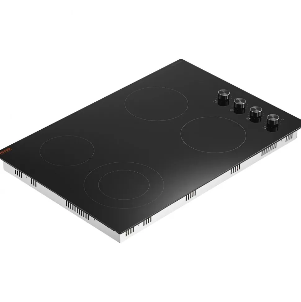 VEVOR Electric Cooktop, 30 inch 4 Burners Built-in Electric Stove Top, 7200W Ceramic Top Radiant Cooktop, with Glass Panel, Knob Control, 11 Heat Levels, 220-240V, Hard Wire (No Plug)