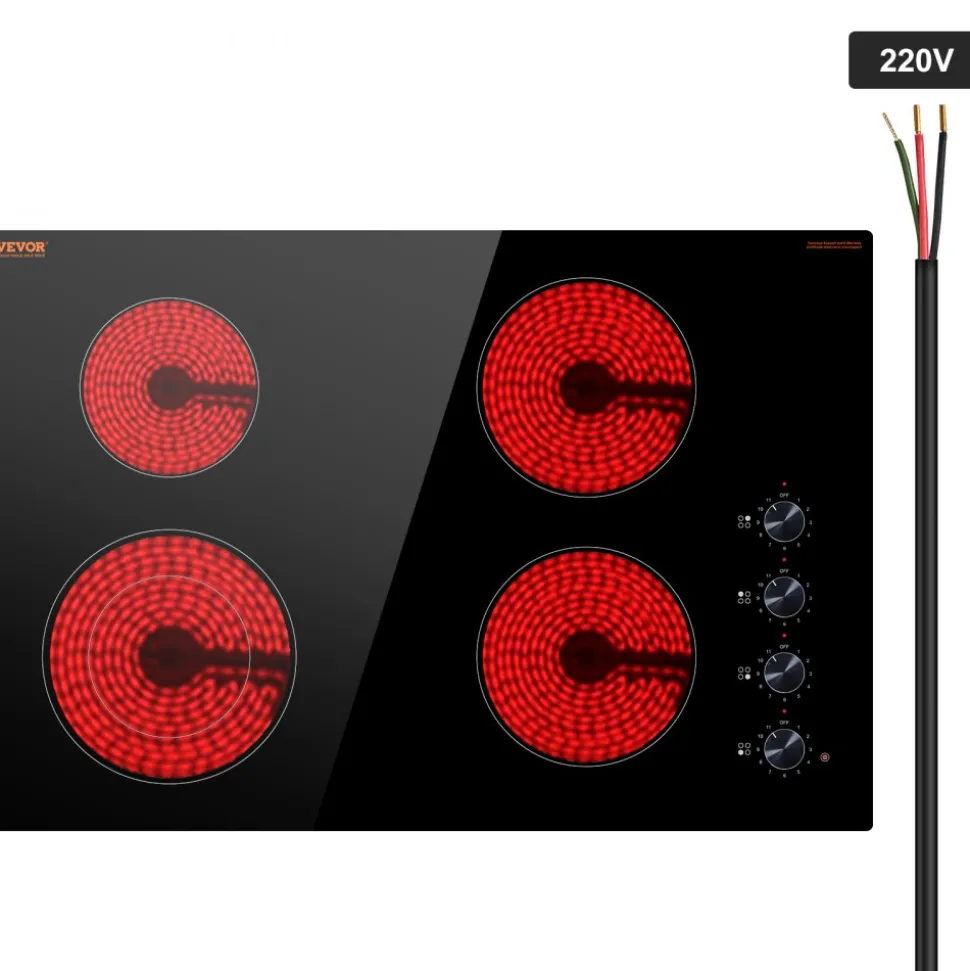 VEVOR Electric Cooktop, 30 inch 4 Burners Built-in Electric Stove Top, 7200W Ceramic Top Radiant Cooktop, with Glass Panel, Knob Control, 11 Heat Levels, 220-240V, Hard Wire (No Plug)
