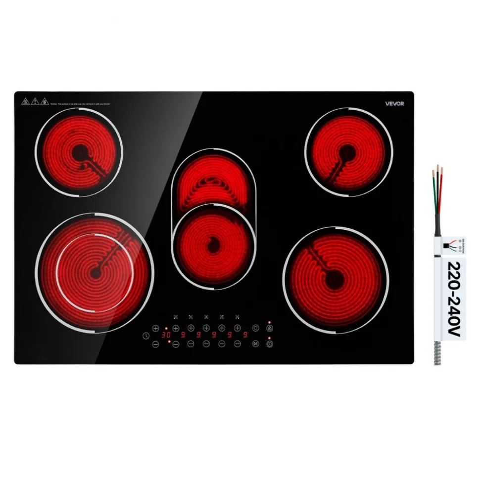 VEVOR Electric Cooktop 30inch 5 Burners Stove Top 8900W 220V No Plug, Ceramic Built-in Radiant Electric Stove , with 9 Power Levels, Timer, Child Lock, Over-Heat Guard, Touch Control