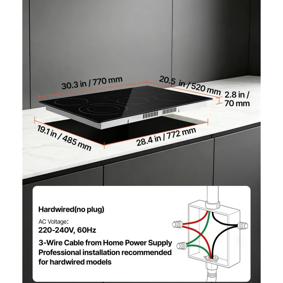 VEVOR Electric Cooktop 30inch 5 Burners Stove Top 8900W 220V No Plug, Ceramic Built-in Radiant Electric Stove , with 9 Power Levels, Timer, Child Lock, Over-Heat Guard, Touch Control