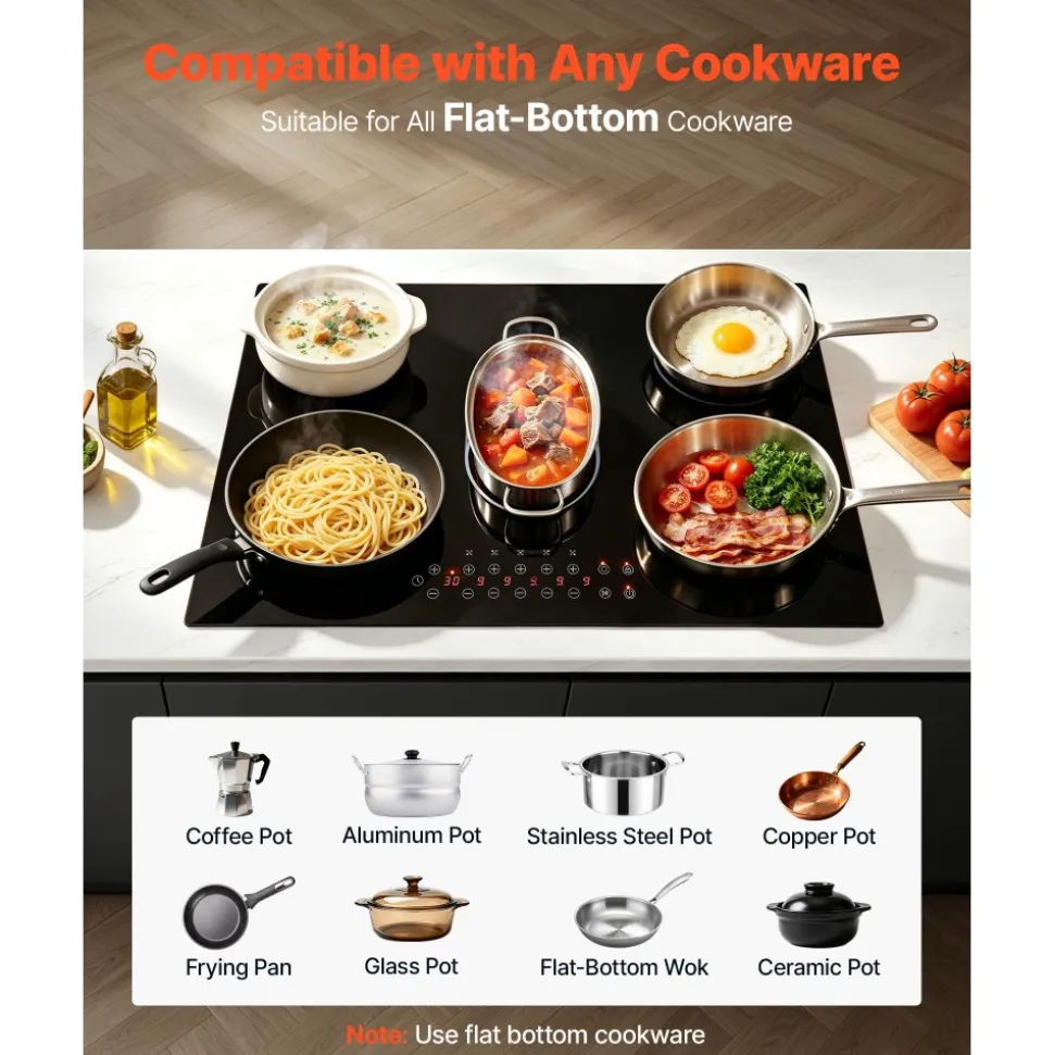 VEVOR Electric Cooktop 30inch 5 Burners Stove Top 8900W 220V No Plug, Ceramic Built-in Radiant Electric Stove , with 9 Power Levels, Timer, Child Lock, Over-Heat Guard, Touch Control