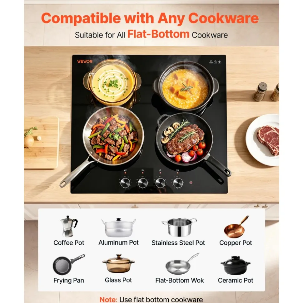 VEVOR Electric Cooktop 12inch 2 Burners Portable Stove Top 1800W 120V, Ceramic Countertop/Built-in Radiant Electric Stove, with 9 Power Levels, Timer, Child Lock, Over-Heat Guard, Touch Control