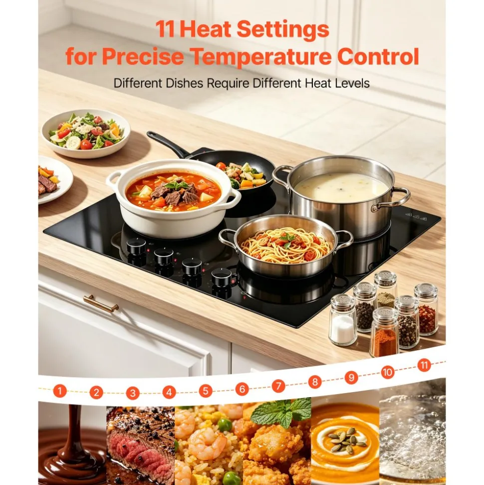 VEVOR Electric Cooktop 12inch 2 Burners Portable Stove Top 1800W 120V, Ceramic Countertop/Built-in Radiant Electric Stove, with 9 Power Levels, Timer, Child Lock, Over-Heat Guard, Touch Control