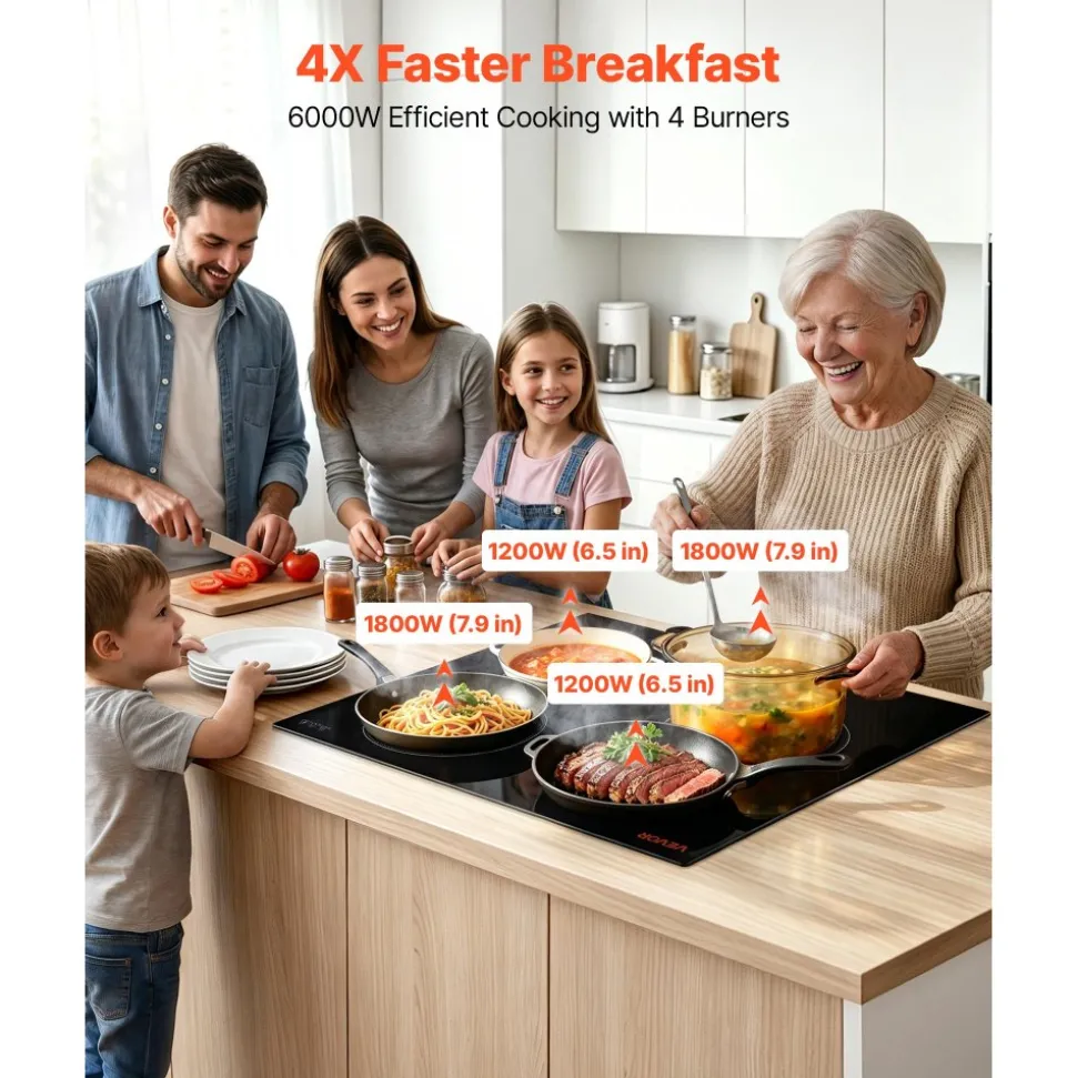 VEVOR Electric Cooktop 12inch 2 Burners Portable Stove Top 1800W 120V, Ceramic Countertop/Built-in Radiant Electric Stove, with 9 Power Levels, Timer, Child Lock, Over-Heat Guard, Touch Control