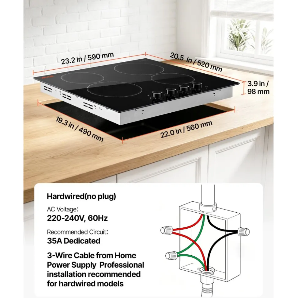 VEVOR Electric Cooktop 12inch 2 Burners Portable Stove Top 1800W 120V, Ceramic Countertop/Built-in Radiant Electric Stove, with 9 Power Levels, Timer, Child Lock, Over-Heat Guard, Touch Control