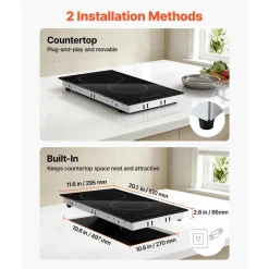 VEVOR Electric Cooktop 12inch 2 Burners Portable Stove Top 1800W 120V, Ceramic Countertop/Built-in Radiant Electric Stove, with 16 Power Levels, Timer, Child Lock, Over-Heat Guard, Touch Control