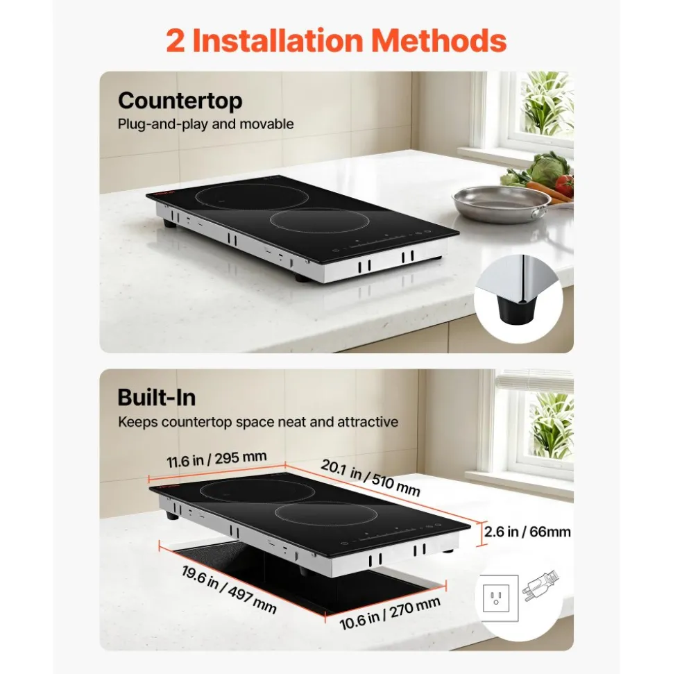 VEVOR Electric Cooktop 12inch 2 Burners Portable Stove Top 1800W 120V, Ceramic Countertop/Built-in Radiant Electric Stove, with 16 Power Levels, Timer, Child Lock, Over-Heat Guard, Touch Control