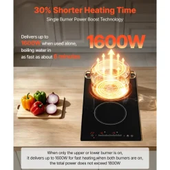 VEVOR Electric Cooktop 12inch 2 Burners Portable Stove Top 1800W 120V, Ceramic Countertop/Built-in Radiant Electric Stove, with 16 Power Levels, Timer, Child Lock, Over-Heat Guard, Touch Control