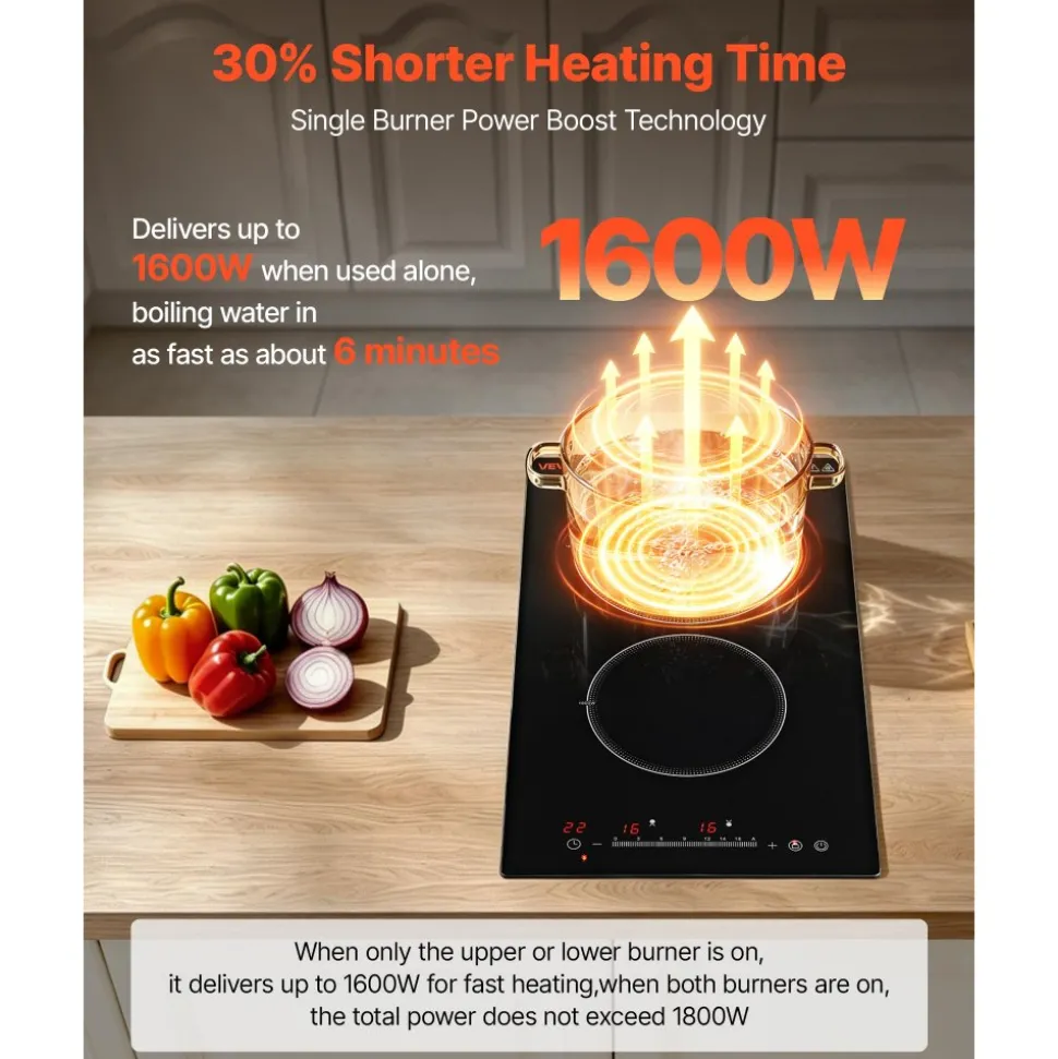 VEVOR Electric Cooktop 12inch 2 Burners Portable Stove Top 1800W 120V, Ceramic Countertop/Built-in Radiant Electric Stove, with 16 Power Levels, Timer, Child Lock, Over-Heat Guard, Touch Control