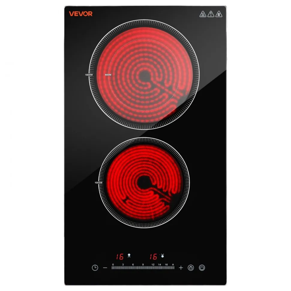 VEVOR Electric Cooktop 12inch 2 Burners Portable Stove Top 1800W 120V, Ceramic Countertop/Built-in Radiant Electric Stove, with 16 Power Levels, Timer, Child Lock, Over-Heat Guard, Touch Control