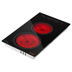 VEVOR Electric Cooktop 12inch 2 Burners Portable Stove Top 1800W 120V, Ceramic Countertop/Built-in Radiant Electric Stove, with 16 Power Levels, Timer, Child Lock, Over-Heat Guard, Touch Control