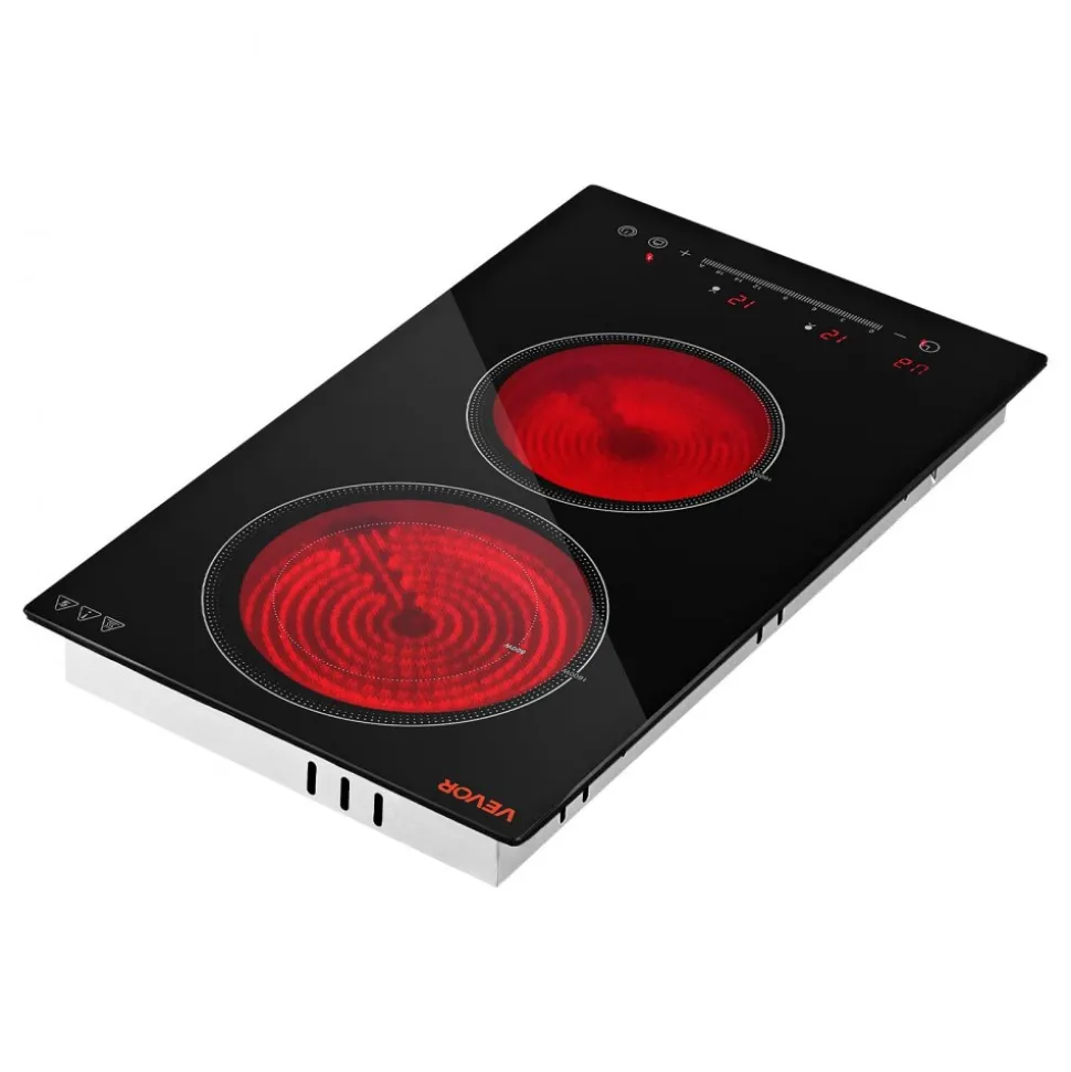 VEVOR Electric Cooktop 12inch 2 Burners Portable Stove Top 1800W 120V, Ceramic Countertop/Built-in Radiant Electric Stove, with 16 Power Levels, Timer, Child Lock, Over-Heat Guard, Touch Control