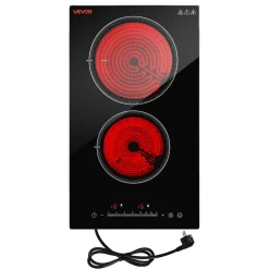 VEVOR Electric Cooktop 12inch 2 Burners Portable Stove Top 1800W 120V, Ceramic Countertop/Built-in Radiant Electric Stove, with 16 Power Levels, Timer, Child Lock, Over-Heat Guard, Touch Control
