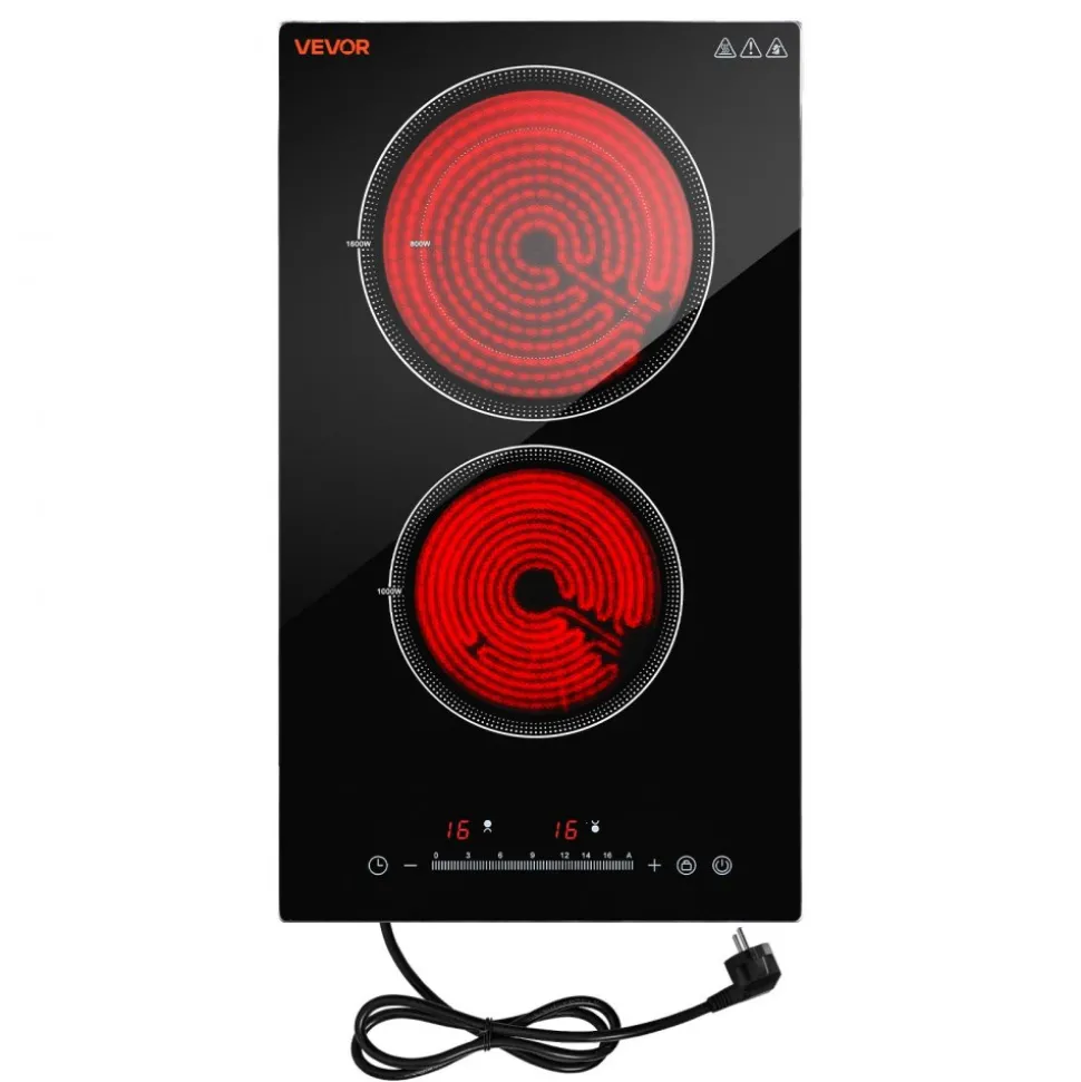 VEVOR Electric Cooktop 12inch 2 Burners Portable Stove Top 1800W 120V, Ceramic Countertop/Built-in Radiant Electric Stove, with 16 Power Levels, Timer, Child Lock, Over-Heat Guard, Touch Control